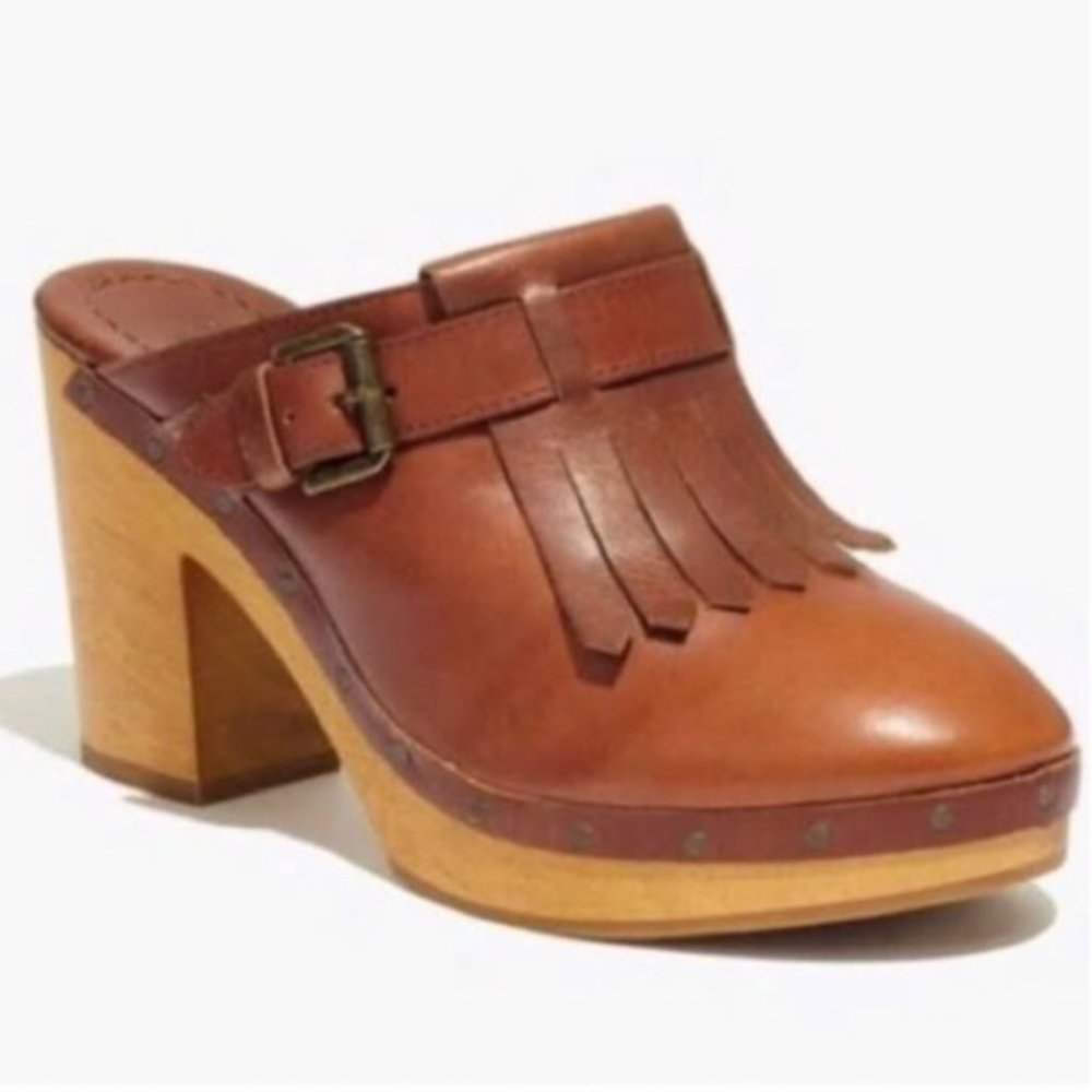 Madewell Kiltie Chestnut Brown Leather 4 inch Wood Heel Mule Clog Size 10